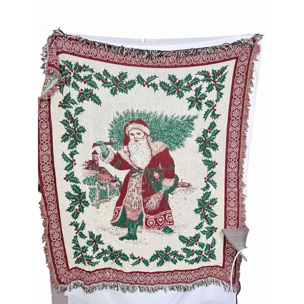 Vintage‎ Avon Woven Christmas Santa Throw Blanket Tapestry Afghan Holly Fringe